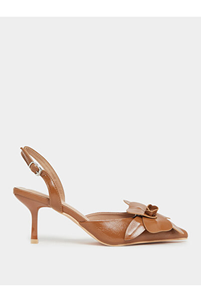Styli Tan Slingback Stiletto Heels Shoes with Flower Detail