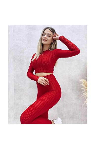 Produse.Top Set Fitness Rosu Sport cu bluza maneca lunga si colanti modelator...