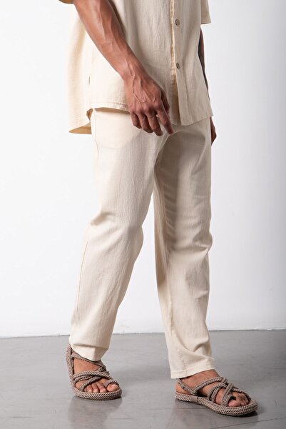 Machinist Relaxed Elastic Waist Linen Trousers Stone