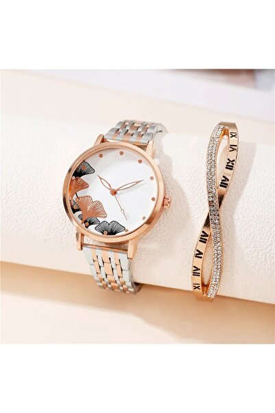 Produse.Top Set Ceas Dama Elegant cadran alb curea material inoxidabil +bratara infinit cu strasuri QUARTZ CDQ