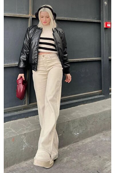 MRİABE BEJ Yüksek Bel %100 Pamuk Kadın Kot Pantolon