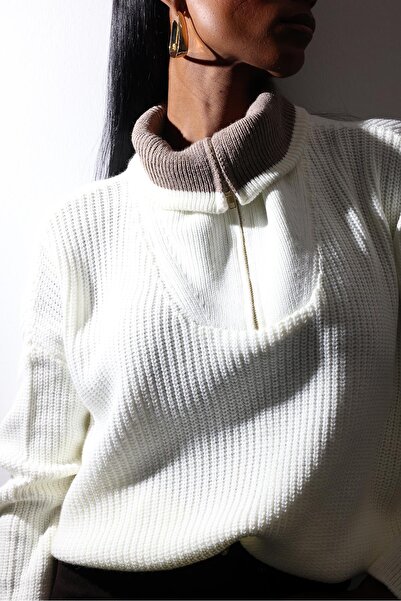 5in1Canpolat Ecru Collar Double Color Zippered Knitwear