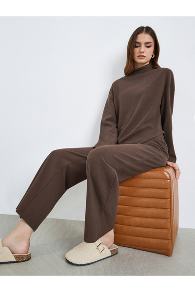 Styli Women Brown Asymmetric Knit Top and Pants Co-Ords
