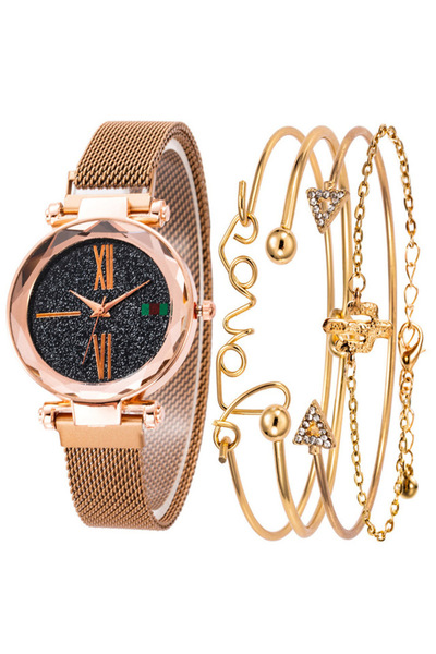 Produse.Top Set Ceas Dama cu 4 Bratari Fashion si Curea Magnetica Adaptabila Gold CDQZ061