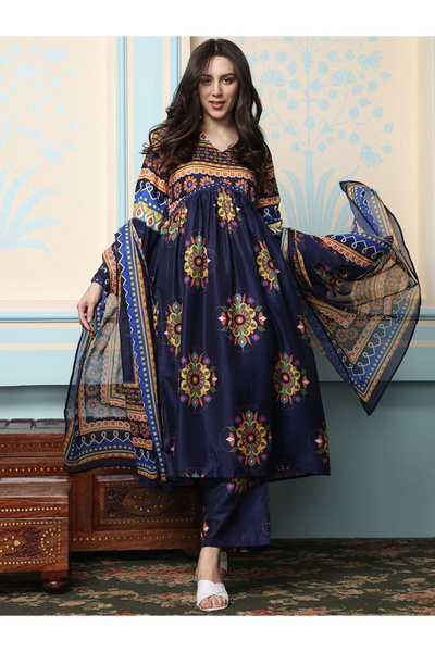 Ishin By Styli Women Navy Blue Kurta with Pants and Dupatta Set