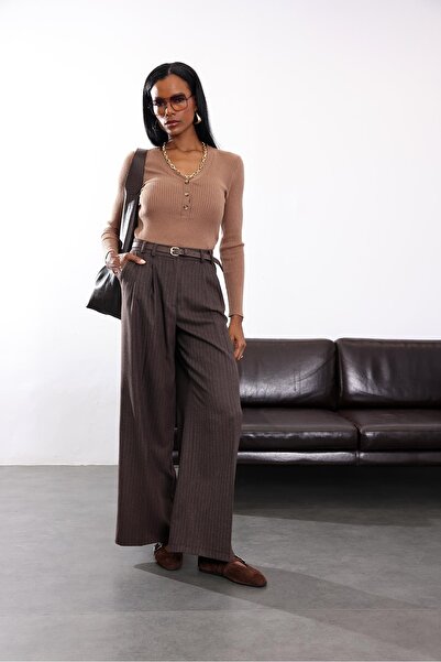 5in1Canpolat Brown Masculine Striped Trousers 1599