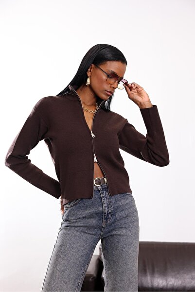 5in1Canpolat Brown Mock Neck Zippered Cardigan 0657
