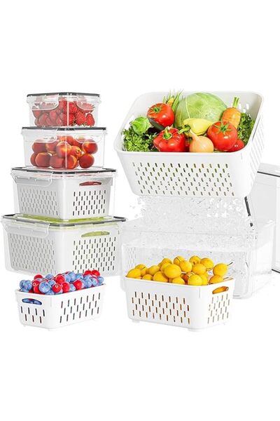 Arabest مجموعة منظمات ثلاجة مكونة من 5 قطع مع مصافي تصريف قابلة للإزالة وأغطية، وحاويات مانعة للتسرب للفواكه