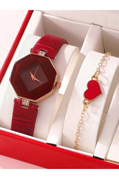 Produse.Top Set Ceas Dama Elegant rosu cu forma hexagon si bratara cu inimioara QUARTZ CDQZ133