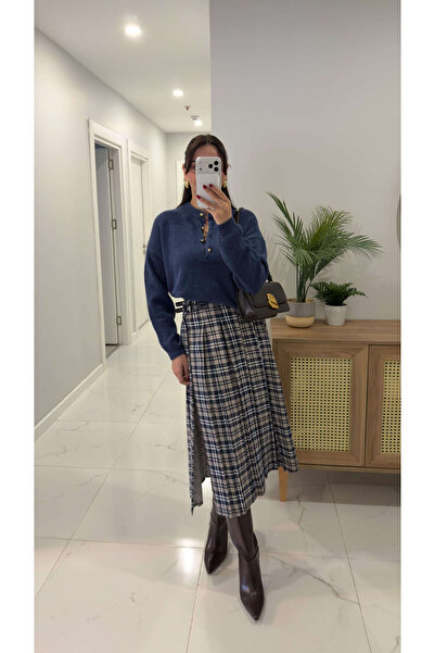 BİRCANÇİL تنورة فيريسان منقوشة باللونين الأزرق الداكن والبيج