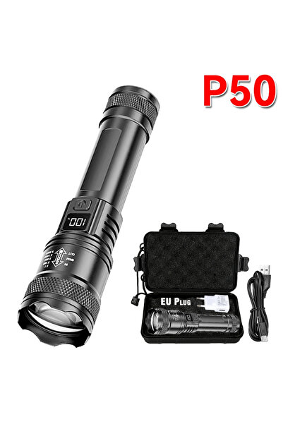 Choice مصباح يدوي ZOOM أسود اللون، مزود ببطارية مدمجة، قطعة واحدة، بقوة إضاءة فائقة السطوع 2000 لومن، بتقنية LED P50، مناسب للاستخدام التكتيكي والطوارئ.