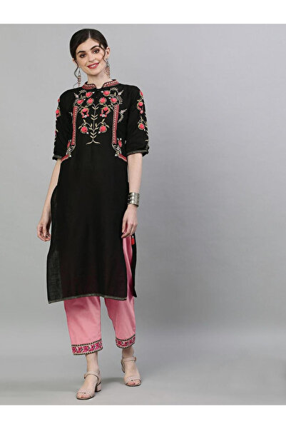 Ishin By Styli Women Black Embroidered Floral Kurta with Trousers Set