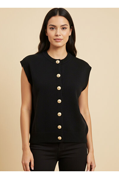 AURRARİ Black Vest Knitwear with Gold Button Detail