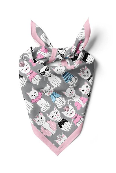 Modabutik B85 Kadın Kedi Desenli Bandana 50x50 Siyah Beyaz Pembe DG0411-22 Snz
