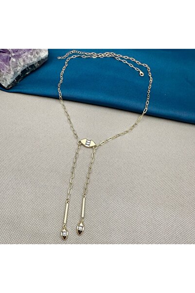 Opia Takı & Aksesuar Gold Color Stone Paperclip Chain Dangle Long Necklace
