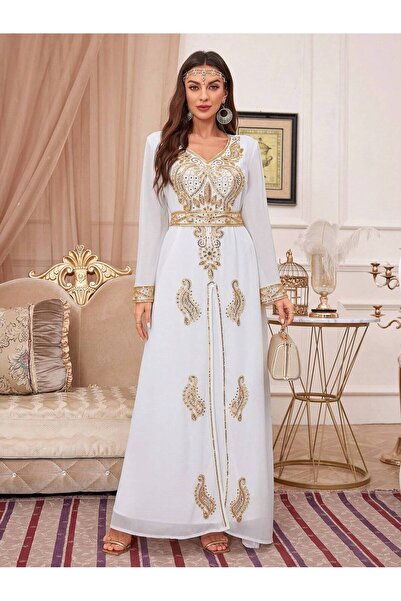 Madam Uniq فستان ماكسي قفطان عربي نسائي – فستان عباية دبي مزين بأكمام طويلة وتطريز ذهبي