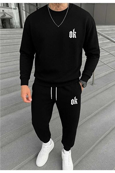 özcstore طقم رياضي بياقة دائرية مع طباعة سهم للرجال والنساء