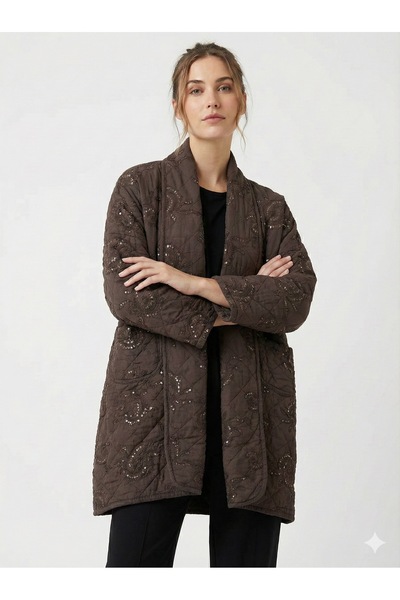 della moor Kimono și caftan lung pentru femei, maro, cu model etnic italian, brodat cu paiete Ov supradimensionat apitone