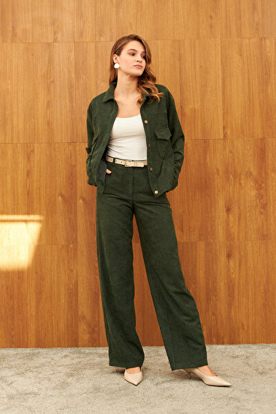 STELLA PULVIS Pantaloni verzi material reiat din catifea cu talie înaltă