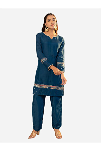 KASYA By Styli Teal Embroidered Tunic and Trousers Co-ords