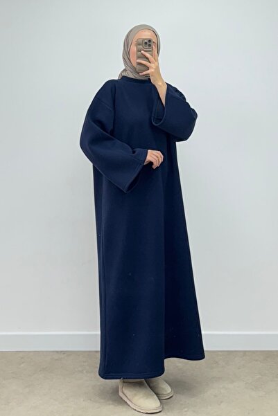 CHUL Üç İplik Şardonlu Kemerli Oversize Basic Elbise - Lacivert - Geniş Beden Aralığı