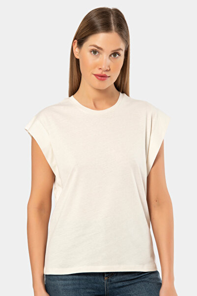 TÜREN 3401 Women's Shoulder Pad Look T-Shirt Ecru