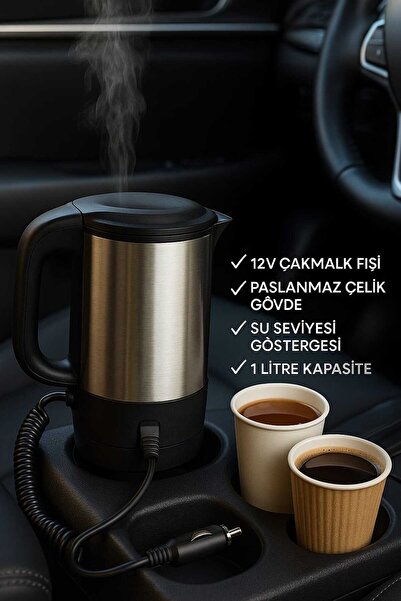 ozbience Paslanmaz Çelik 24V Araç İçi Su Isıtıcı Kettle 0.5L Termostatlı