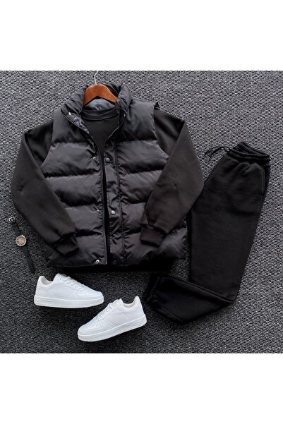 THANBUTİK سترة مبطنة قابلة للنفخ وثلاثة طبقات من الصوف O قصة فضفاضة طقم مكون ...