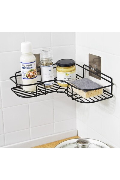 OEM Raft Metalic de Colț, Fixare cu Plăcuțe Adezive, Negru, 26x26x5,5 cm