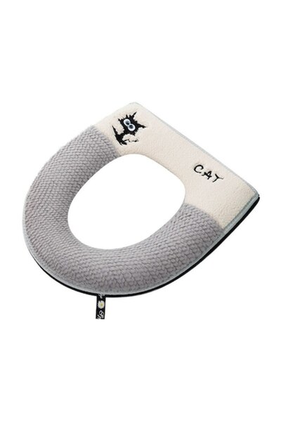 OEM Husă de toaletă cu fermoar, material textil moale și pufos, imprimeu pisică gri deschis