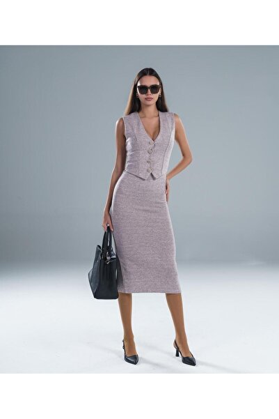 Ales Moda فستان سالونيك بصدرية مزينة بأزرار من القماش