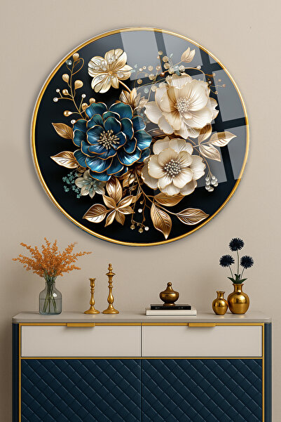 TAULART TABLA DE STICLA DE LUX INIMPLINTEA DE DETERIORARE CU MODEL DE FLORI CREM ALBASTRU PE FUNDA NEGRA