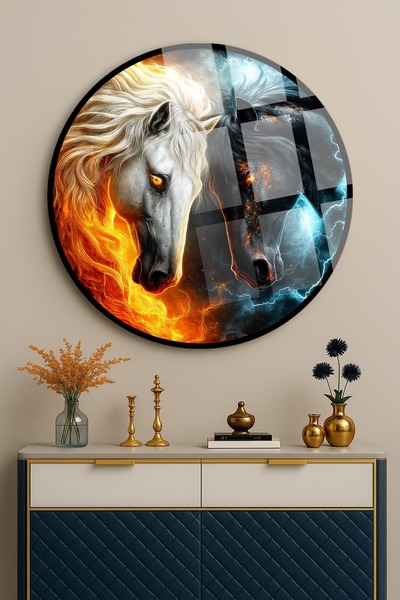 TAULART Fire and Ice Themed White & Black Horse Design Unbreakable Luxury Gla...