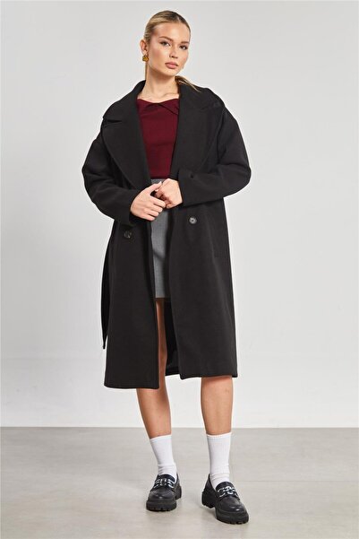 BARRELS AND OIL Women's Double Buttoned Oversized Cashmere Coat - Black