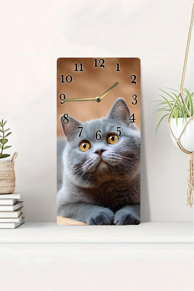 kutuTR 3D Görünümlü 2D UV Baskı MDF Tablo Saat – Gri British Kedi Tasarımı – ...