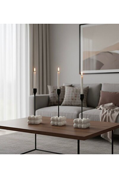 Noor Small iron candle holder (candlestick), 3-piece set, black with a white ...