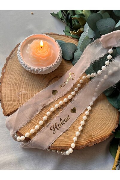cev den store Kişiye Özel İsimli Sıralı İncili Şifon 2 cm Yüzük Nişan Kurdelası