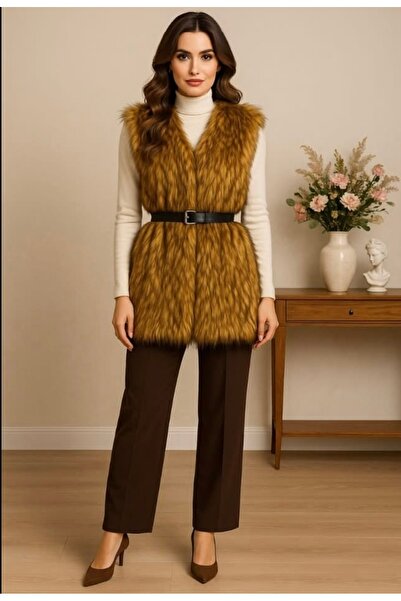 Puane Suni kürk yelek kemerli model, trend kışlık yelek