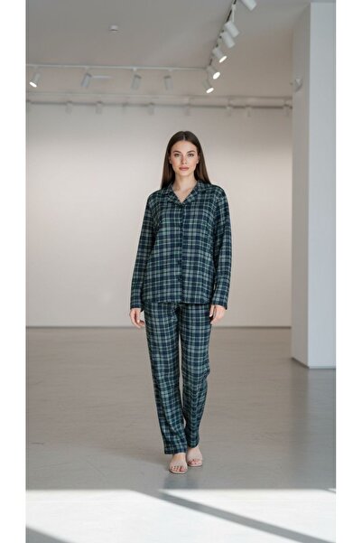 Pijadore Pijama Set Women's Green Plaid Pijama Set Home Wear Buttoned Pijama Set