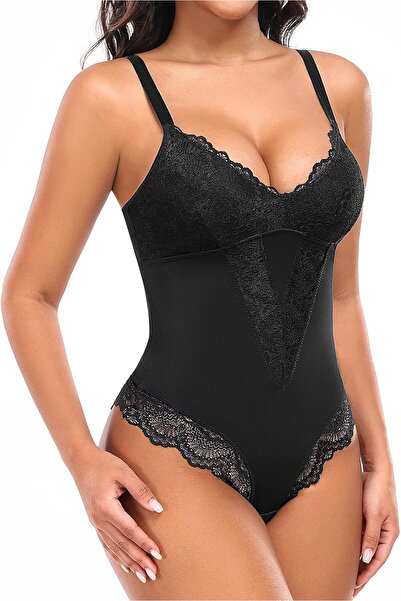 Niwicee Women's Shaping Flat Belly V-neck Lace Bodysuit Body Shaper