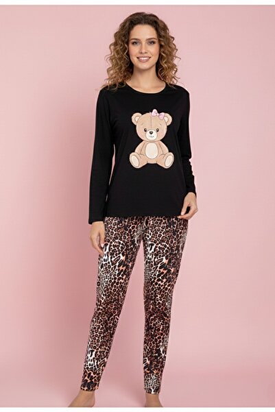 Miss Dünya Lissa Teddy Hug Black Long Sleeve Crew Neck Women's Pajama Set
