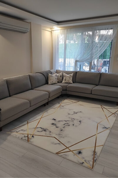 VOPTEKS Beyaz Gold Halı Salon Halısı Makinede Yıkanabilir Halı Kaymaz Taban Halı