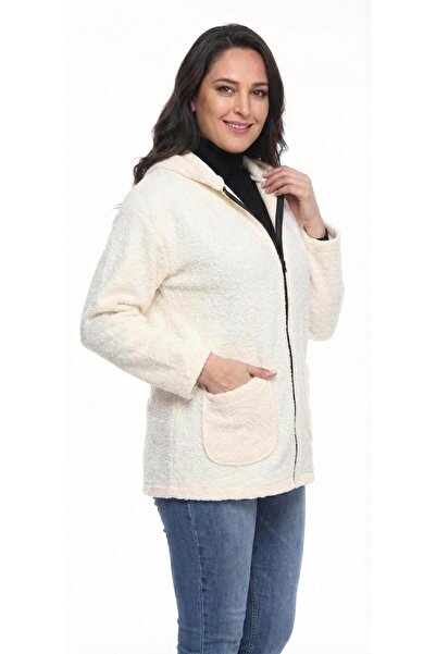 Zer Otantik Hooded Buklet Large Size Short Coat Ecru