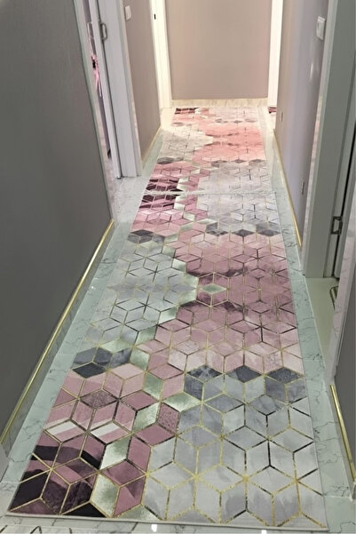 VOPTEKS Pembe Gri Yolluk Makinede Yıkanabilir Halı Kaymaz Taban Halı