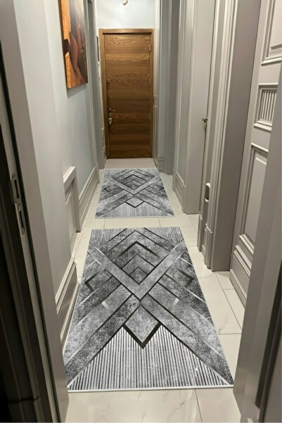 VOPTEKS Gri Halı Yolluk Makinede Yıkanabilir Halı Kaymaz Taban Halı