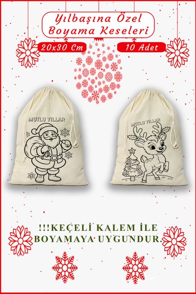 aprendi dünyanı ve kendini koru,ham bez kullan Çocuklara Özel 10’lu Boyama Kesesi – Yılbaşı Temalı Eğlenceli Etkinlik Seti (20x30 cm)