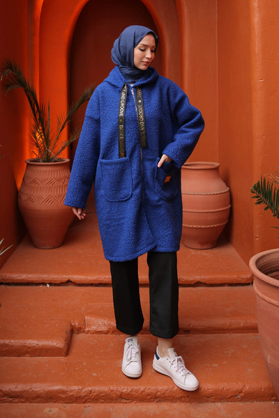 İmajButik Cobalt Blue Hooded Boucle Coat with Pocket Detail