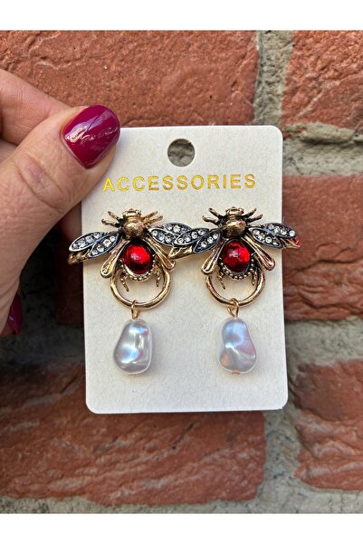 Gozibygoz Stone Detailed Bee Shaped Pearl Steel Earrings