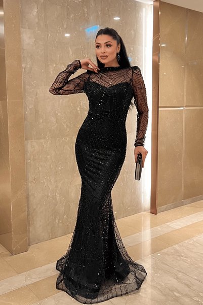 giyimmasalı Rochie de seară tip sirenă, material cu mărgele aplicate integral - negru