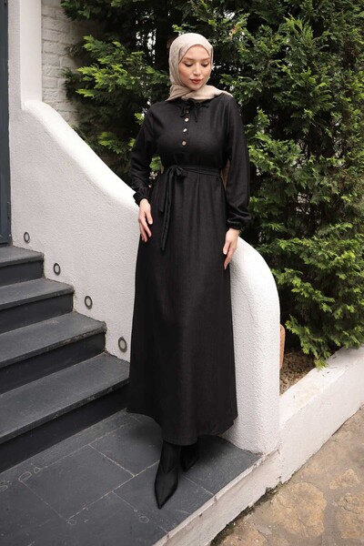 İmajButik Black Belted Sleeve Elasticated Corded Fabric Dress